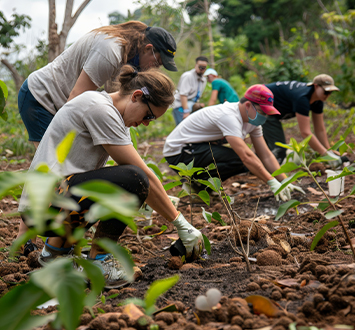 volunteers planting trees forest working together environmental project aimed reforestation ecosystem restoration (1)